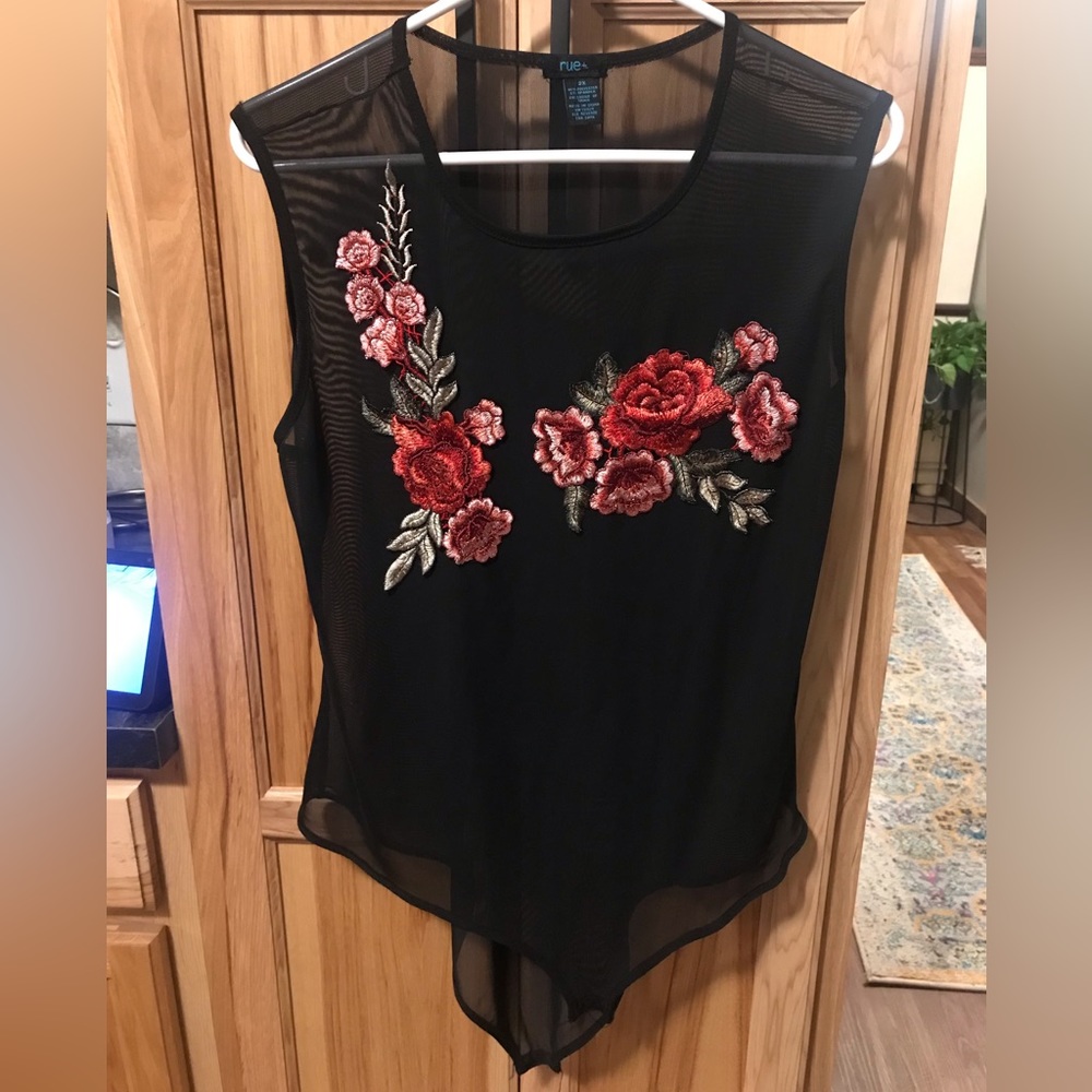 Rue+ Black Sheer Floral Bodysuit 2X